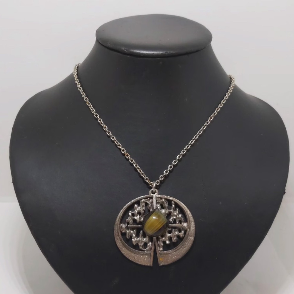 Vintage Brutalist Pewter Pendant Necklace 1960’s Scandinavian Modernist Glass